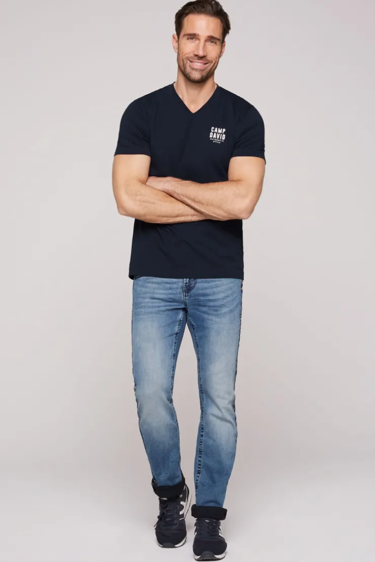 CAMP DAVID & SOCCX Basic T-Shirt V-Neck mit Logo Print blue navy bluenavy New
