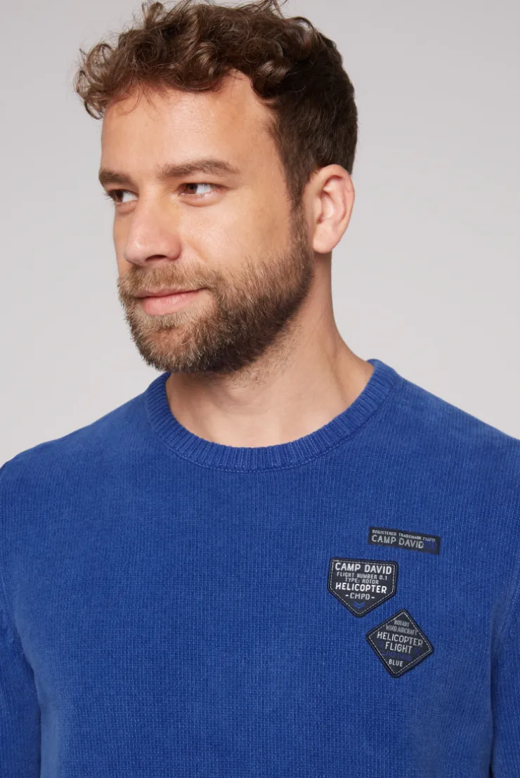 CAMP DAVID & SOCCX Chenille-Pullover Stone Washed mit Patches strong blue strongblue Hot