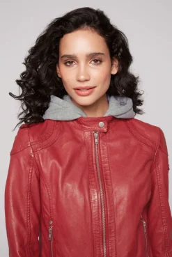 CAMP DAVID & SOCCX Lederjacke im Biker-Stil mit Kapuzeneinsatz red Hot