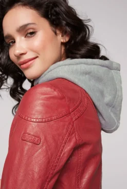 CAMP DAVID & SOCCX Lederjacke im Biker-Stil mit Kapuzeneinsatz red Hot