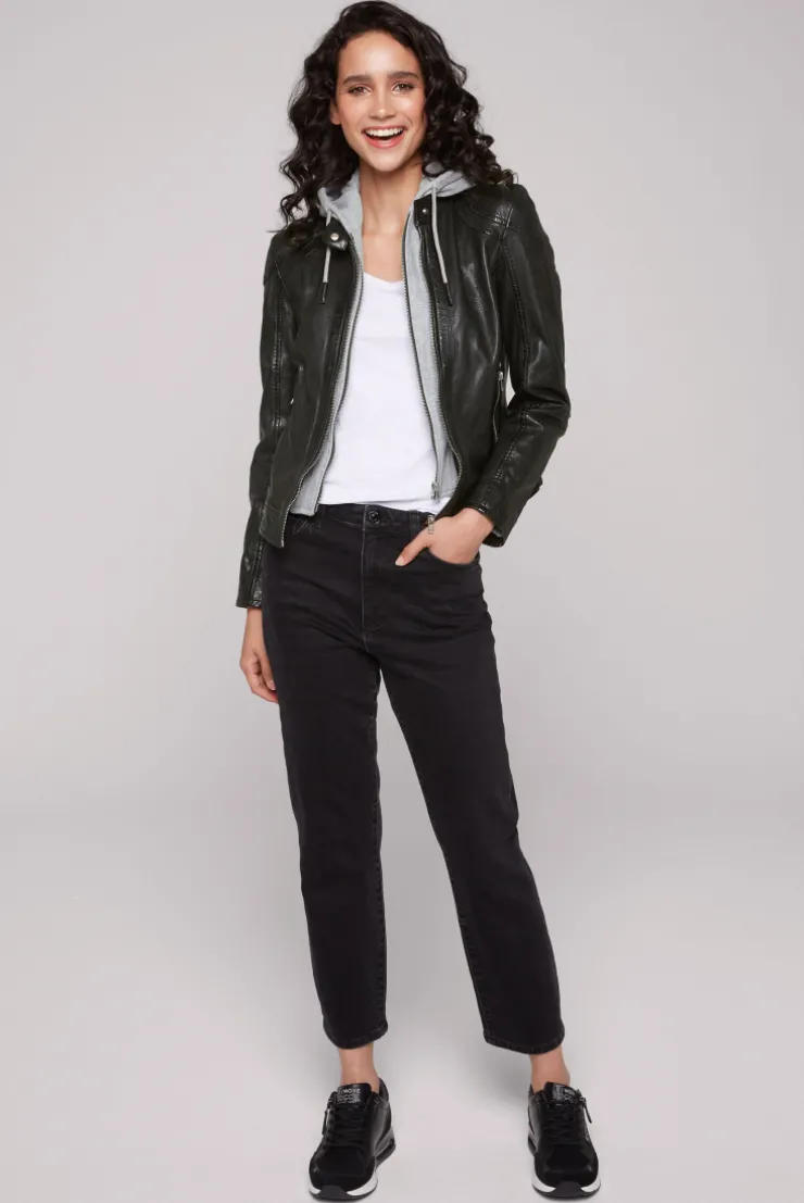 CAMP DAVID & SOCCX Lederjacke im Biker-Stil mit Kapuzeneinsatz black Cheap