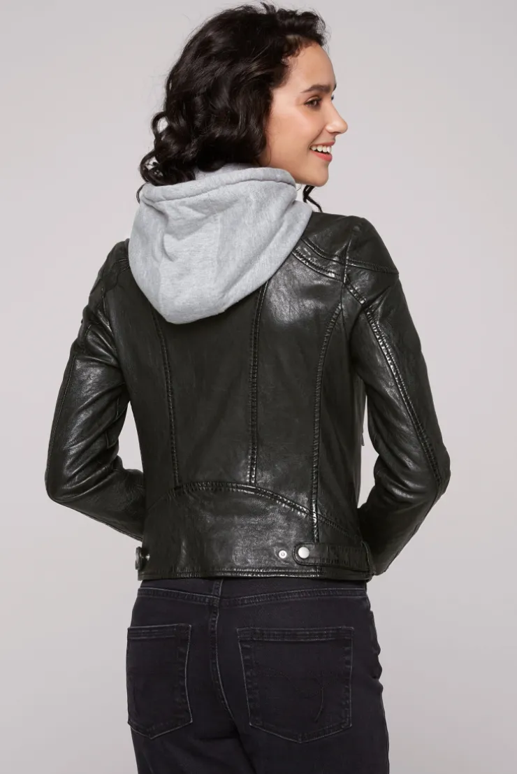 CAMP DAVID & SOCCX Lederjacke im Biker-Stil mit Kapuzeneinsatz black Cheap