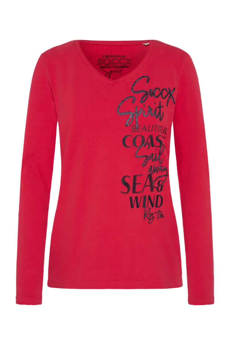 CAMP DAVID & SOCCX Longsleeve mit V-Ausschnitt und Glitter-Puff-Prints clear red clearred Cheap
