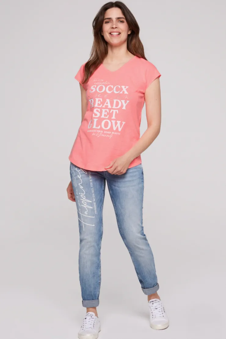 CAMP DAVID & SOCCX Shirt mit V-Ausschnitt und Wording Print neon pink neonpink Clearance