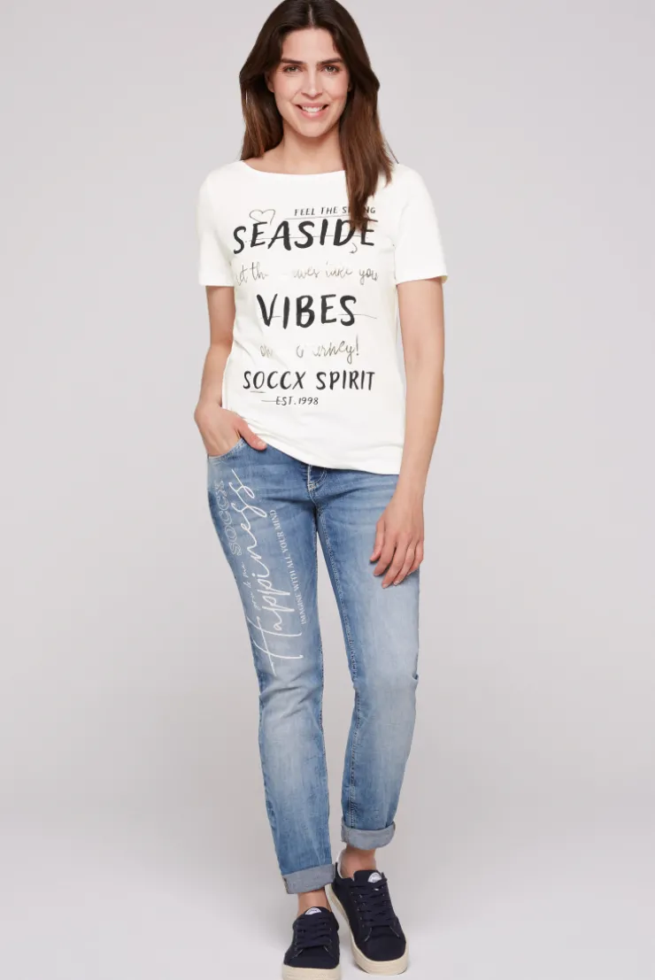 CAMP DAVID & SOCCX T-Shirt mit U-Boot-Ausschnitt und Wording Print ivory Outlet
