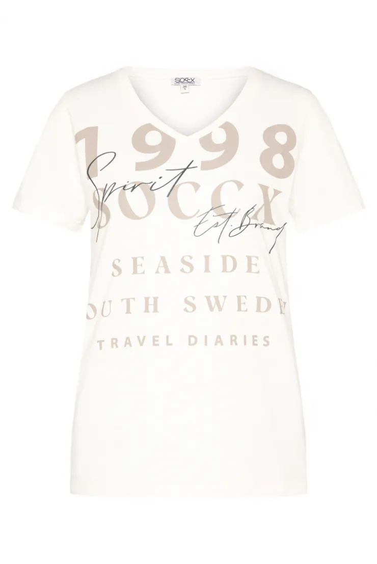 CAMP DAVID & SOCCX T-Shirt mit V-Ausschnitt und Wording Print ivory Sale