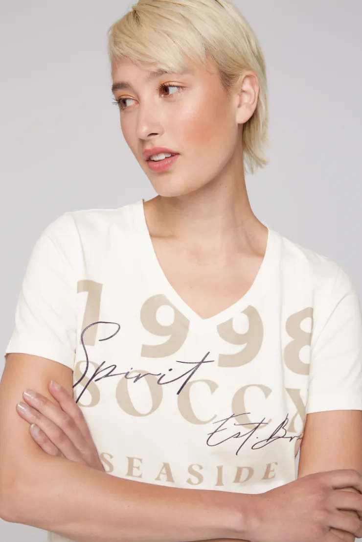 CAMP DAVID & SOCCX T-Shirt mit V-Ausschnitt und Wording Print ivory Sale