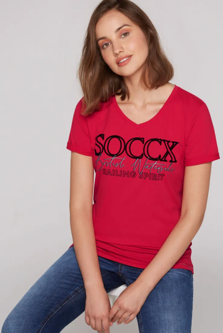 CAMP DAVID & SOCCX T-Shirt mit V-Ausschnitt und Glitter Print clear red clearred Shop
