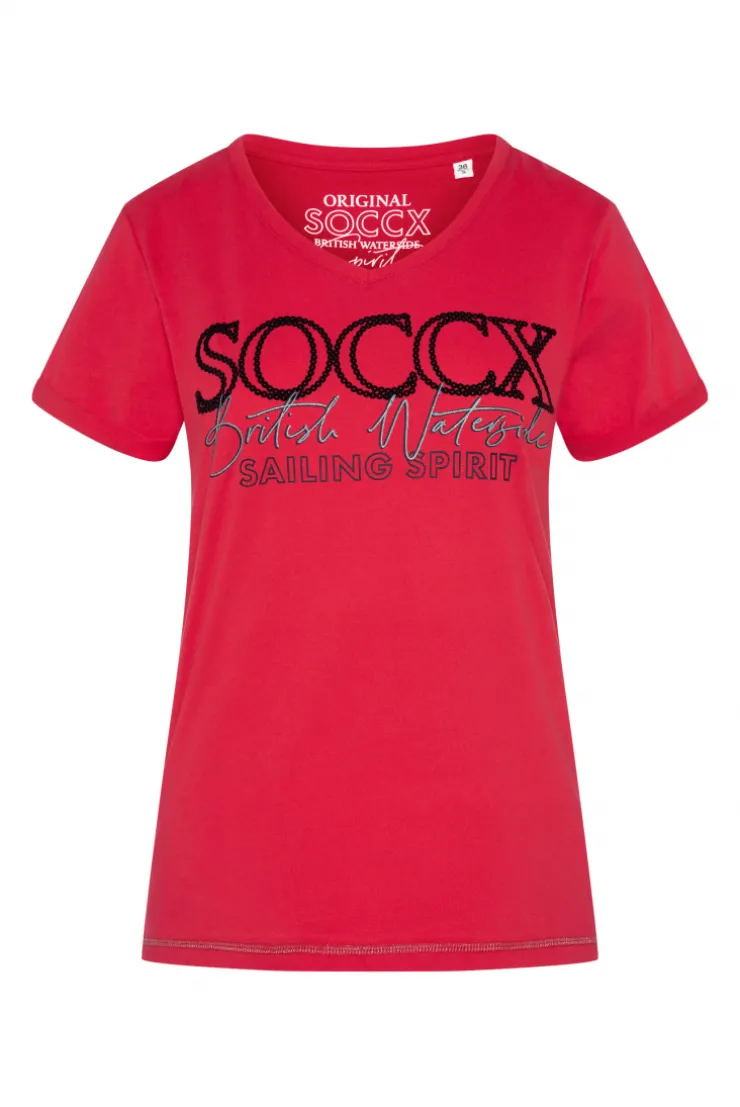 CAMP DAVID & SOCCX T-Shirt mit V-Ausschnitt und Glitter Print clear red clearred Shop