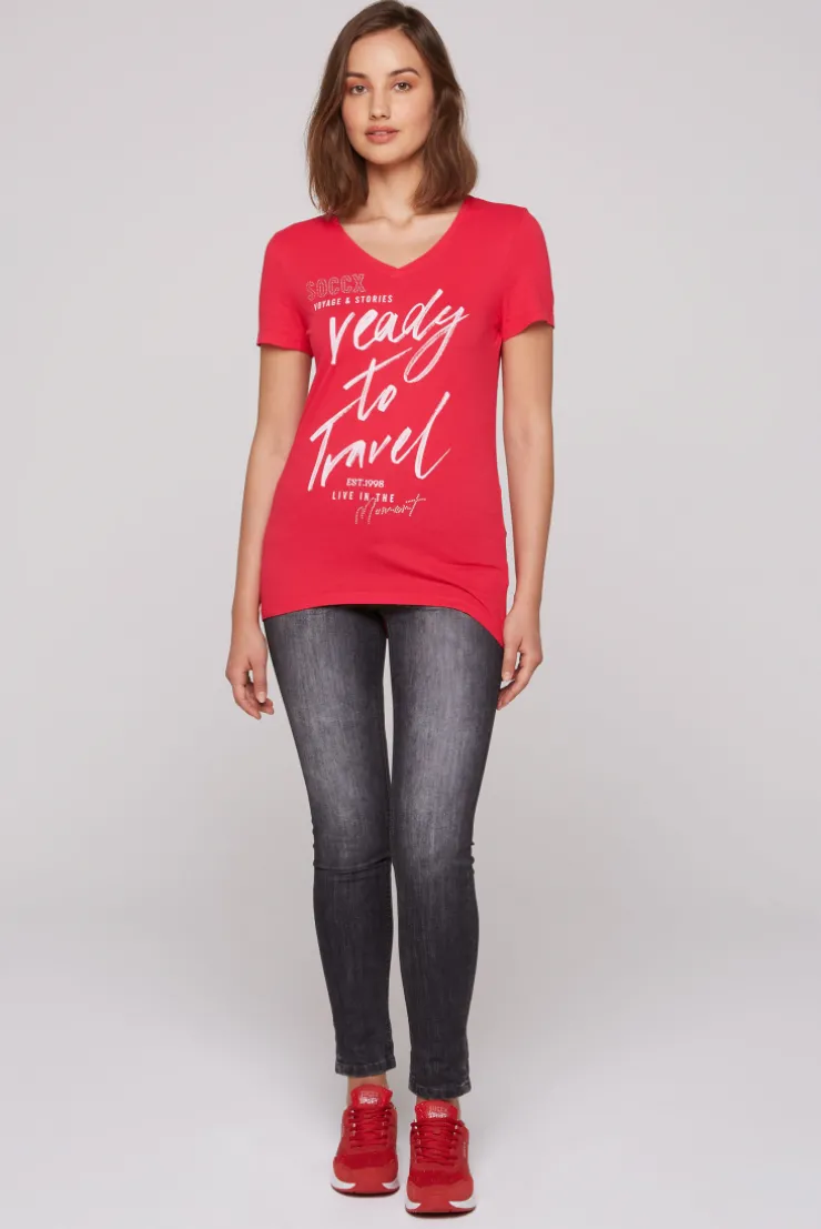 CAMP DAVID & SOCCX T-Shirt mit Wording Print und Schmucksteinen pinky red pinkyred Clearance