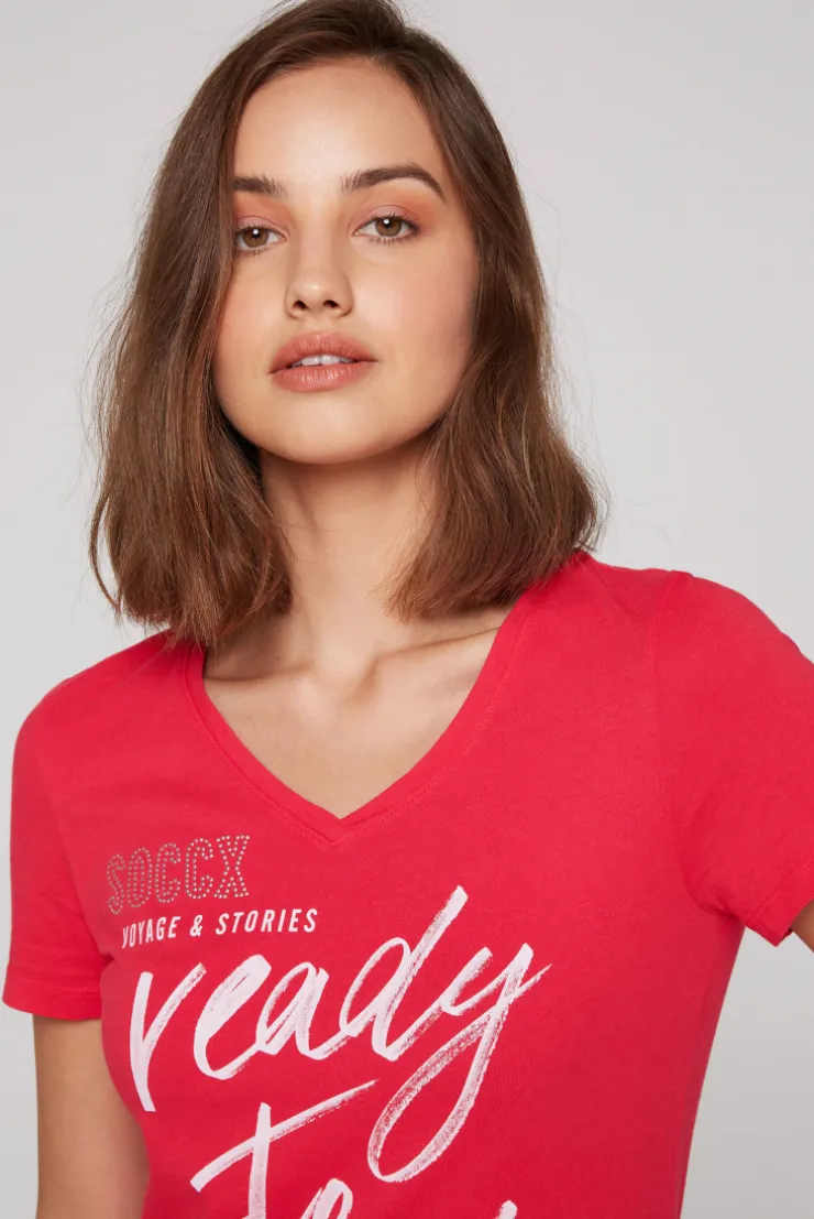 CAMP DAVID & SOCCX T-Shirt mit Wording Print und Schmucksteinen pinky red pinkyred Clearance